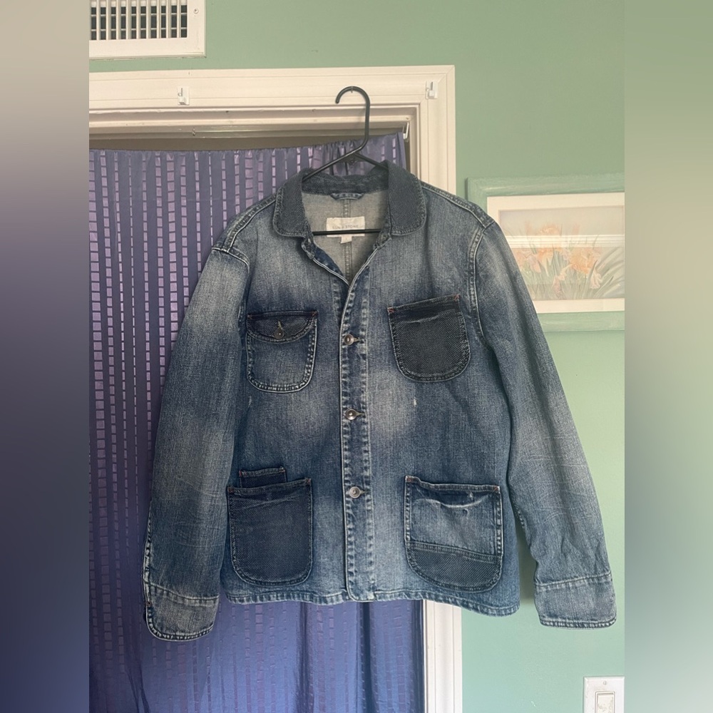 Men’s Sun + Stone 100% Cotton denim Shirt Jacket Chore Jacket L Distressed
